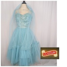 Vintage 50s Prom Dress X Small 00 Blue Tulle