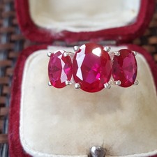 Ladies 925 Sterling Silver Trilogy Ring Lab Created Ruby Deep Pink UK Size N