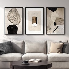 Large Framed Neutral Abstract Wall Art, 3 Piece Modern Canvas Prints Painting...