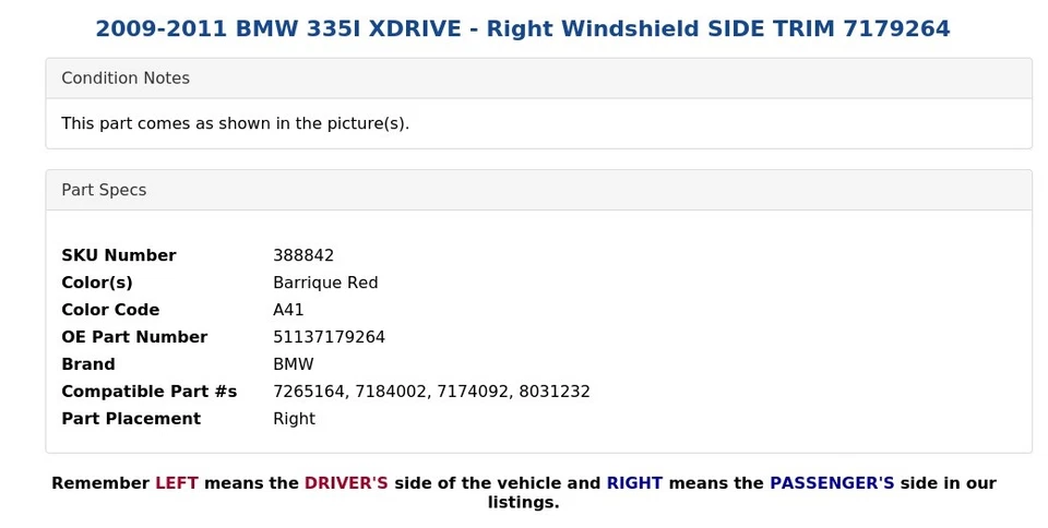 BMW 335I XDRIVE 2009-2011 - Parabrisas derecho moldura lateral 7179264 Foto 3 de 4
