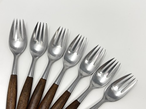 Dansk FJORD Dinner Forks Teak Handle Stainless Steel Germany 7 1/8” Set Of 7 - Picture 5 of 9