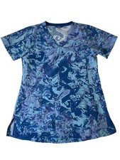 Carhartt Women  s Size Small Blue Patterned Scrub Top Short Sleeve V Neck Pockets
