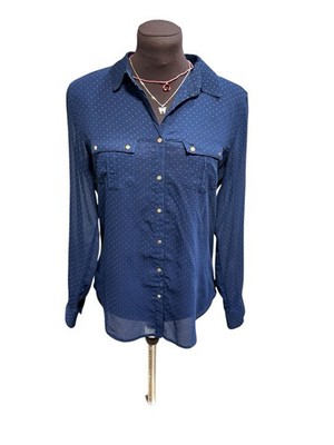 MNG by Mango Womens Sz S Navy Blue Sheer Polka Dot Button Down Blouse Casual Top