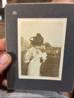 Antique 1910s Photo Woman & Baby Edwardian Large Picture Hat City Background Art