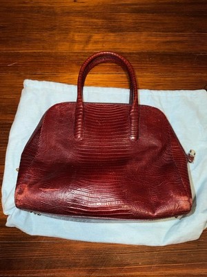 Authentic Furla Vintage Burgundy/Wine Red Lizard Skin Handbag w/ Dust Bag