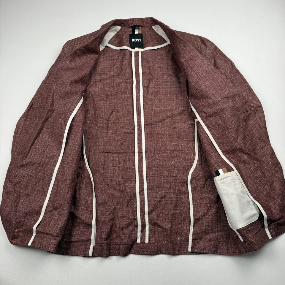 Blazer BOSS Para Hombres 40 Rojo Borgoña Dos Botones Sin Forro Informal Lino Chaqueta Foto 3 de 4