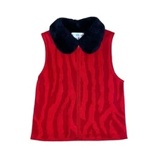 VTG Rebecca Thomas Red/Black Faux Fur Collar Zip Front Zebra Print Rib Knit Vest