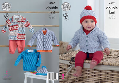 King Cole Baby Doppelstrickmuster Zopfmuster Jacke Mantel Pullover Bommelmütze 4807