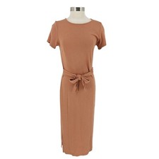 Old Navy Midi Sheath Shirt Dress Brown Short Sleeve Ponte Knit Tie Belt Medium