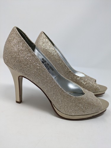 David's Bridal Gold Champagne Shimmer Rochelle Shoes High Heel Sz 8 Wedding Prom - Picture 2 of 10