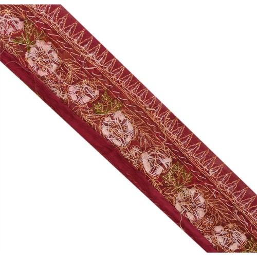 Sanskriti Vintage Dark Red Sari Border Hand Beaded 1 Yd Craft Trim Sewing Lace - Picture 6 of 8