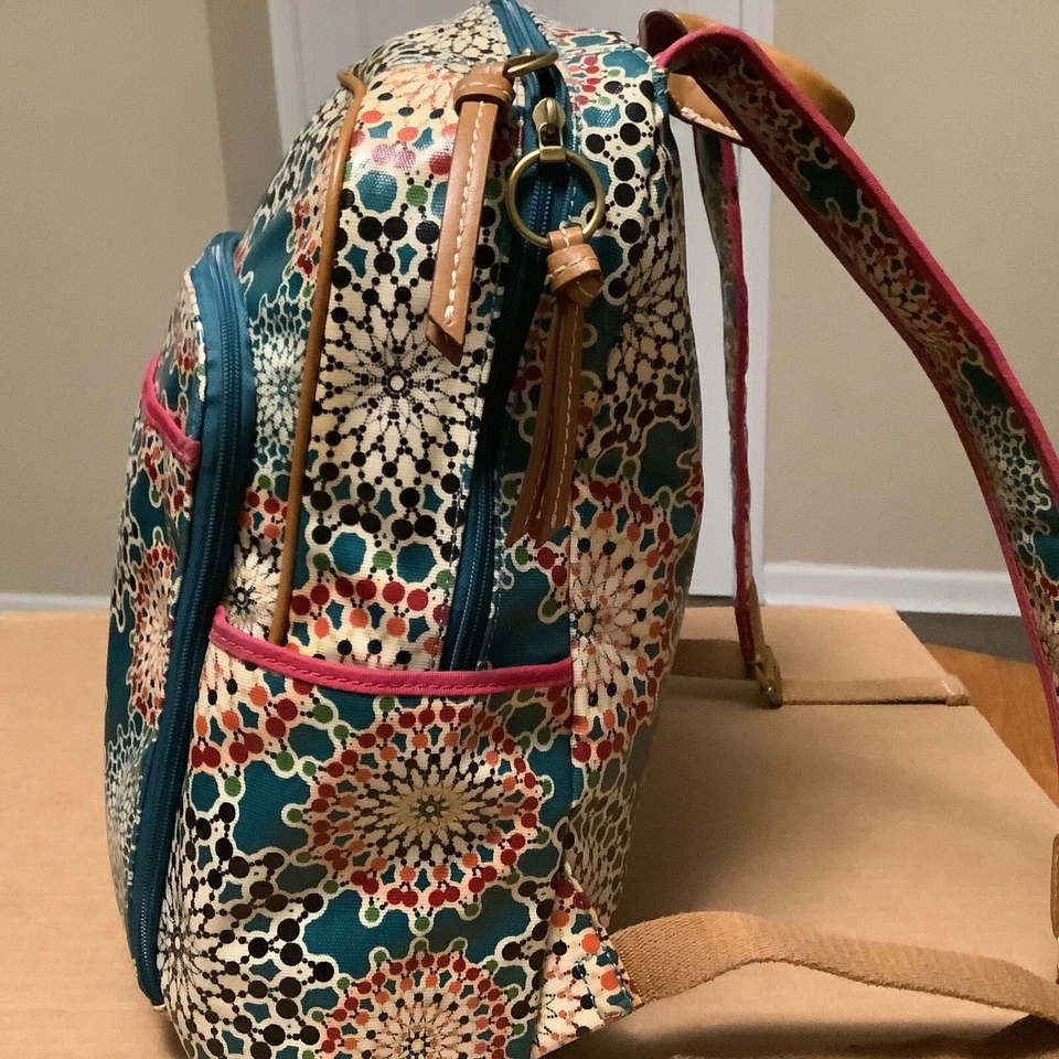 Mochila azteca floral de lona recubierta Fossil Keyper mango de cuero tamaño completo Y2K Foto 4 de 4