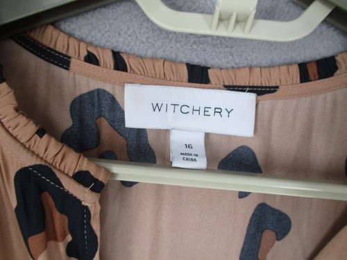 Witchery Dress Womens 16 Brown Leopard Tiered Tie Belted Sleeveless V A Line - Picture 9 of 15