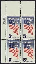 #1249 5c Register & Vote, Plate Block [27831 UL] Mint **ANY 5=FREE SHIPPING**
