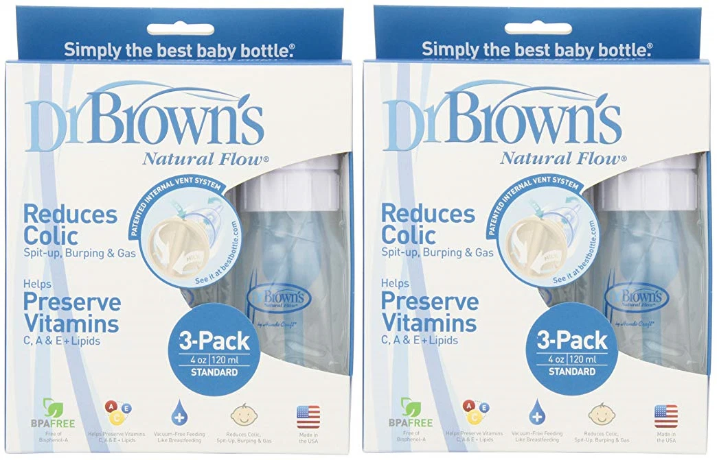 Dr. Brown's BPA Free Natural Flow Standard Neck Bottle, 4 oz, 3 Bottles (2 Pack)