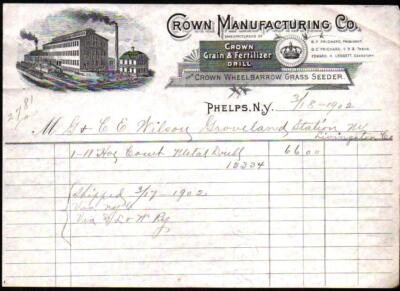 Crown Manufacturing Co - 1902 Phelps NY - Drill - History Rare Letter Head Bill