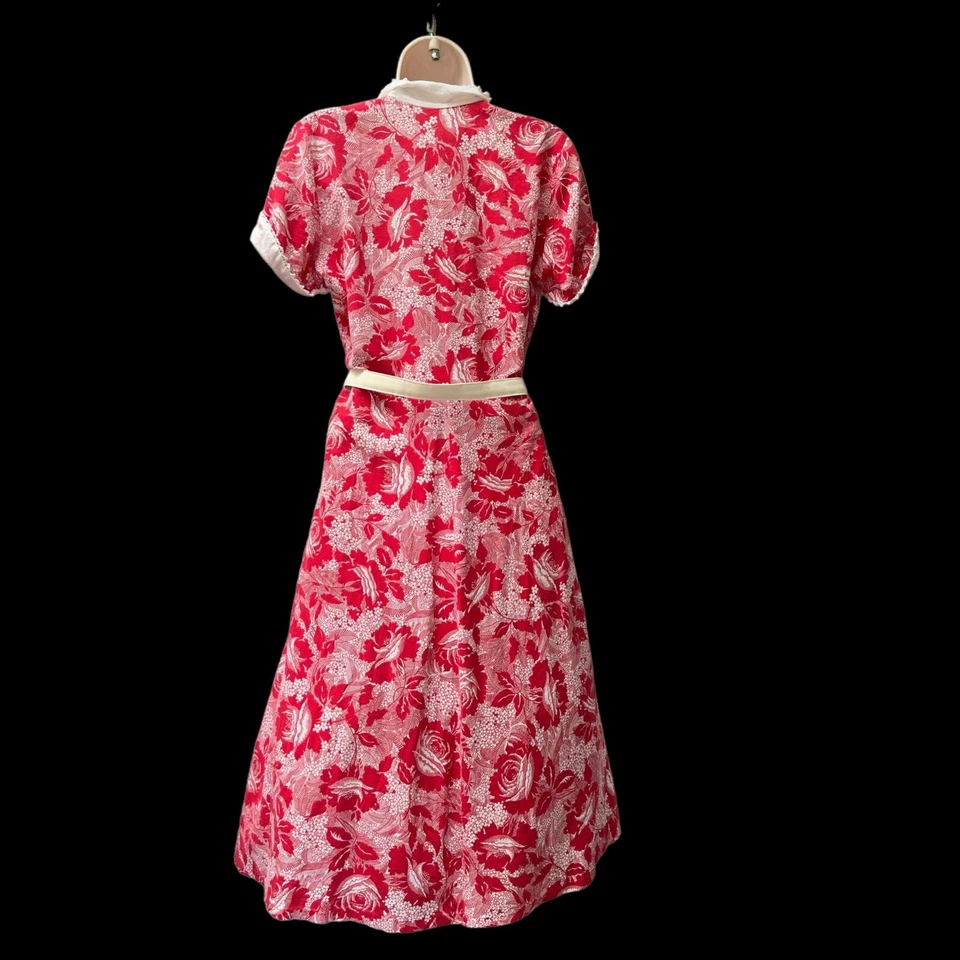 Vestido Camisa Vintage Años 50 Tiki Mode O’Day Rojo Tropical Floral Ajuste y Acampanado Encaje S Foto 2 de 4