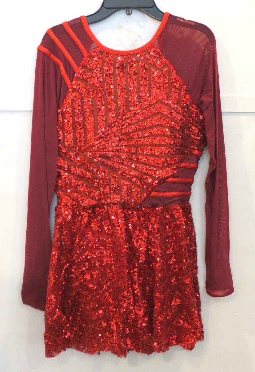 Curtain Call Costumes Dance Dress Red Sequin Long Sleeve mesh Red Hot SZ  AME
