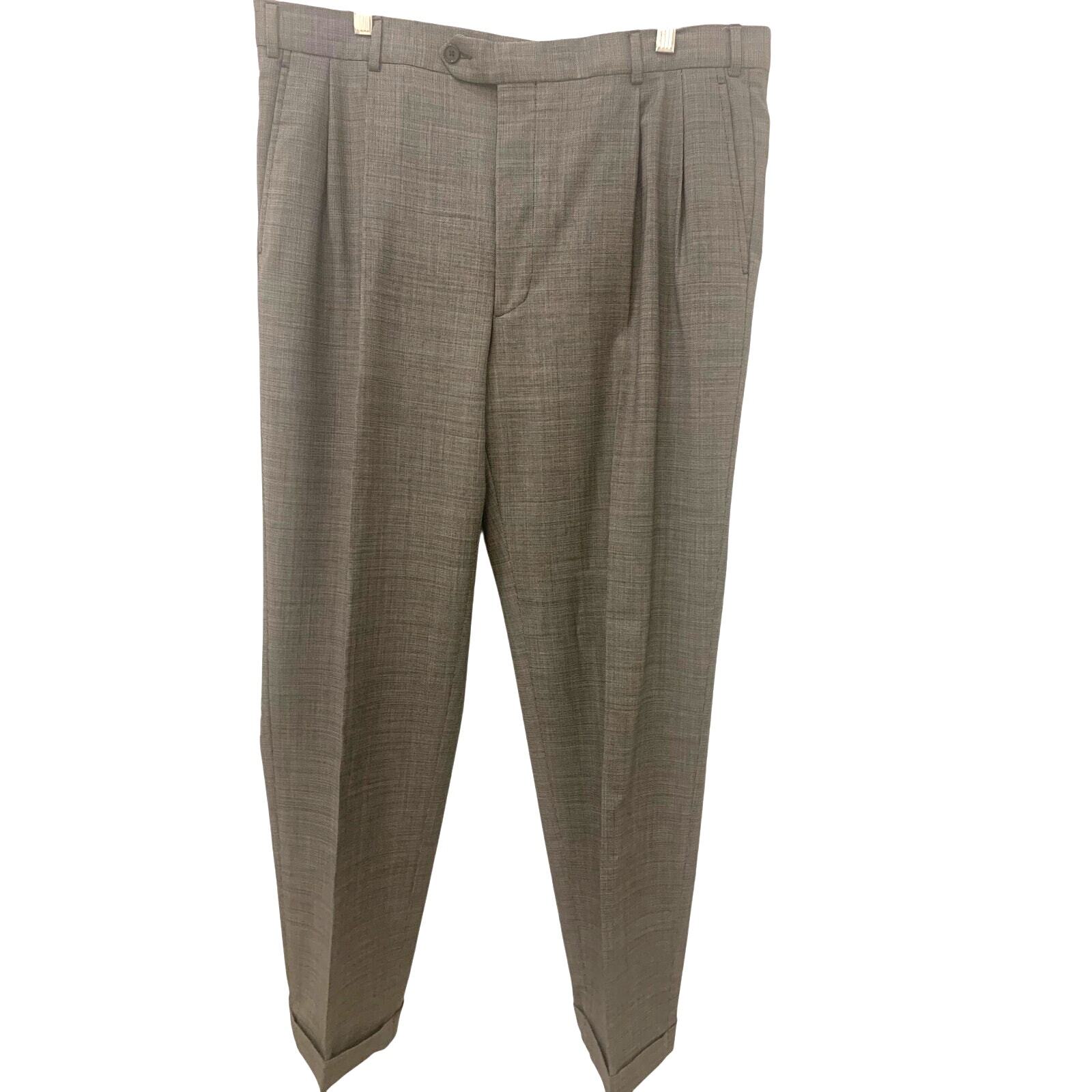 Kirkland Signature 100% Wool Pants 38 x32 Gray Checked Pleated Cuffed Italy Mens