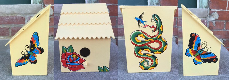 Original birdhouse painting snake butterfly rose bold traditional tattoo