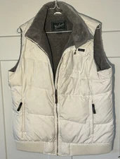 Woolrich Winter White Puffer Vest L Duck Down Gray Fleece Lined Zip Pockets Pics