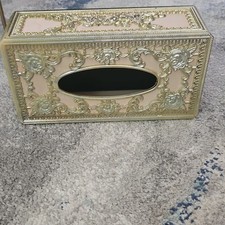 Hollywood Regency Floral Rose Tissue Box Cover Rectangle Free Standing Gold Pink