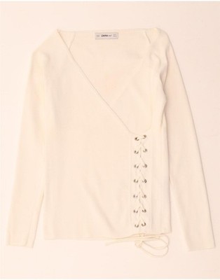 Zara Damen Langarm Wickel Bluse Top UK 8 Small Weiß Viskose CE06