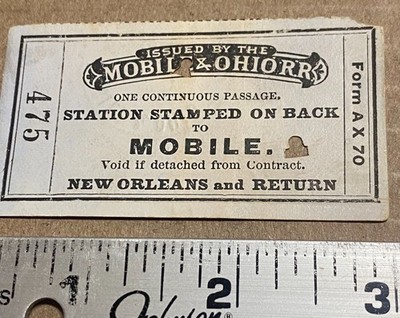 1885 Mobile (AL) and Ohio Round Trip Ticket Baldwyn (MS) to New Orleans RARE C-3