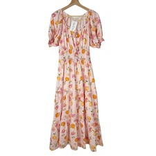 Pinch Pink Fruity Maxi Dress Womens Small Peach Print Puff Sleeve Cotton Lined