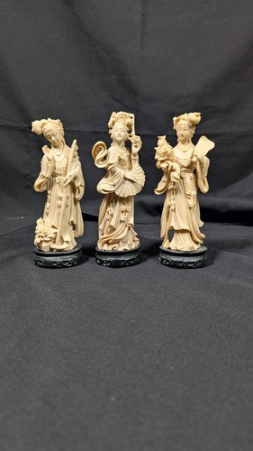 Set of 3 Resin Carving Figurine of a Lovely Geisha's on a Wooden Stand 7 ½" 