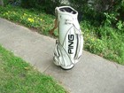 Vintage Ping 9" White Vinyl and Leather Staff Golf Bag w Rain Hood — photo 1