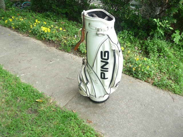 Vintage Ping 9" White Vinyl and Leather Staff Golf Bag w Rain Hood