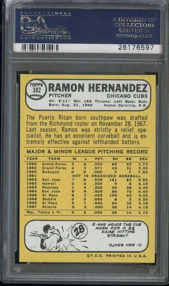 1968 TOPPS #382 RAMON HERNANDEZ PSA 9 CUBS *B68405 - Image 2 of 2