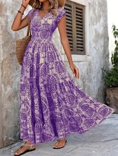 XXL US Size 14 Purple Floral Maxi Dress Short Sleeve V-Neck New Free Ship