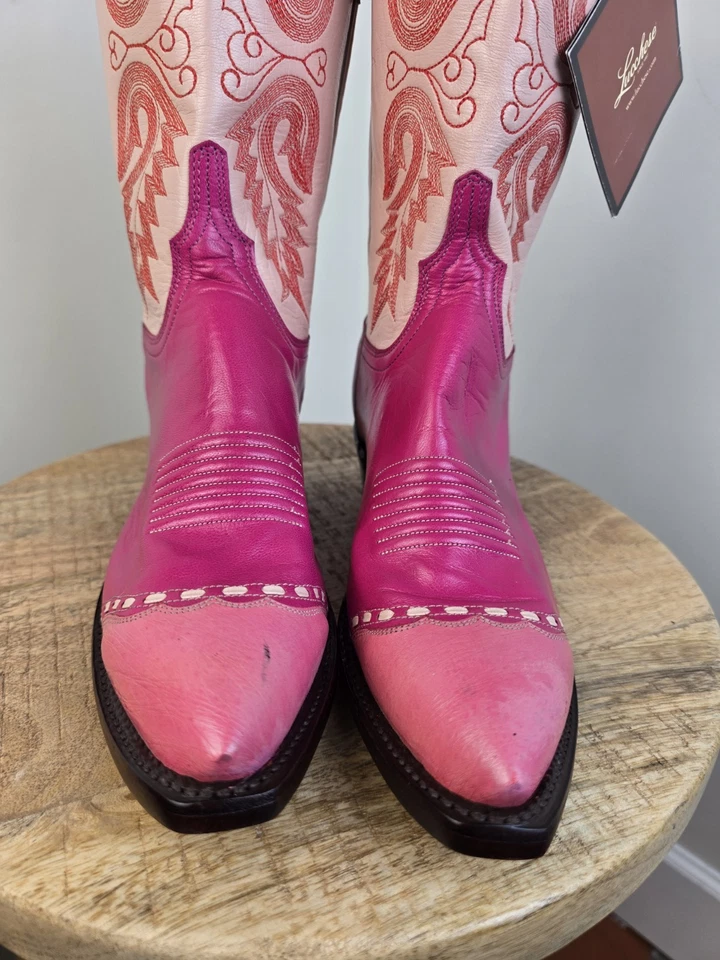 BOTAS VAQUERAS LUCCHESE MUJER TALLA 7 ROSA BARBIE CON CORDONES PUNTA CORTA HECHAS EN EE. UU. 1883 Foto 2 de 4