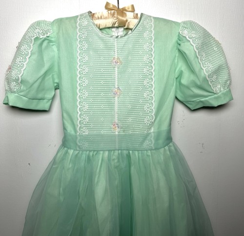 Vtg Mint Green Organza Girls Dress 6 NWOT Lace Tulle Puff Sleeve Wedding Party - Picture 2 of 14