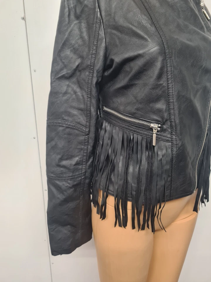 Brave Soul women faux leather biker jacket, tassels  Size S Black  - Image 2 of 4