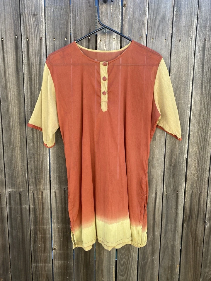 Vintage Boho Two-Tone Sheer Nylon Tunic Top / Kurta in Burnt Orange / Army Green - Image 3 of 4
