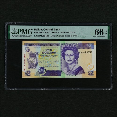 2014 Belize Central Bank 2 Dollars Pick#66e PMG 66 EPQ Gem UNC
