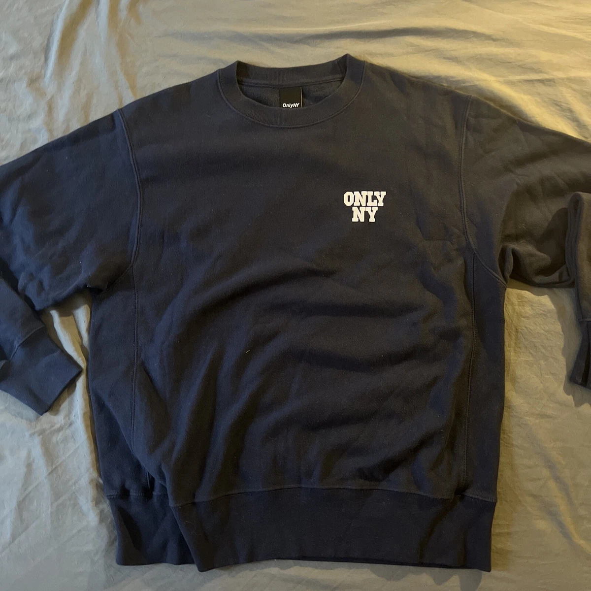 Men s Only NY Champion Reverse Weave Navy Crewneck Sweatshirt Front Logo