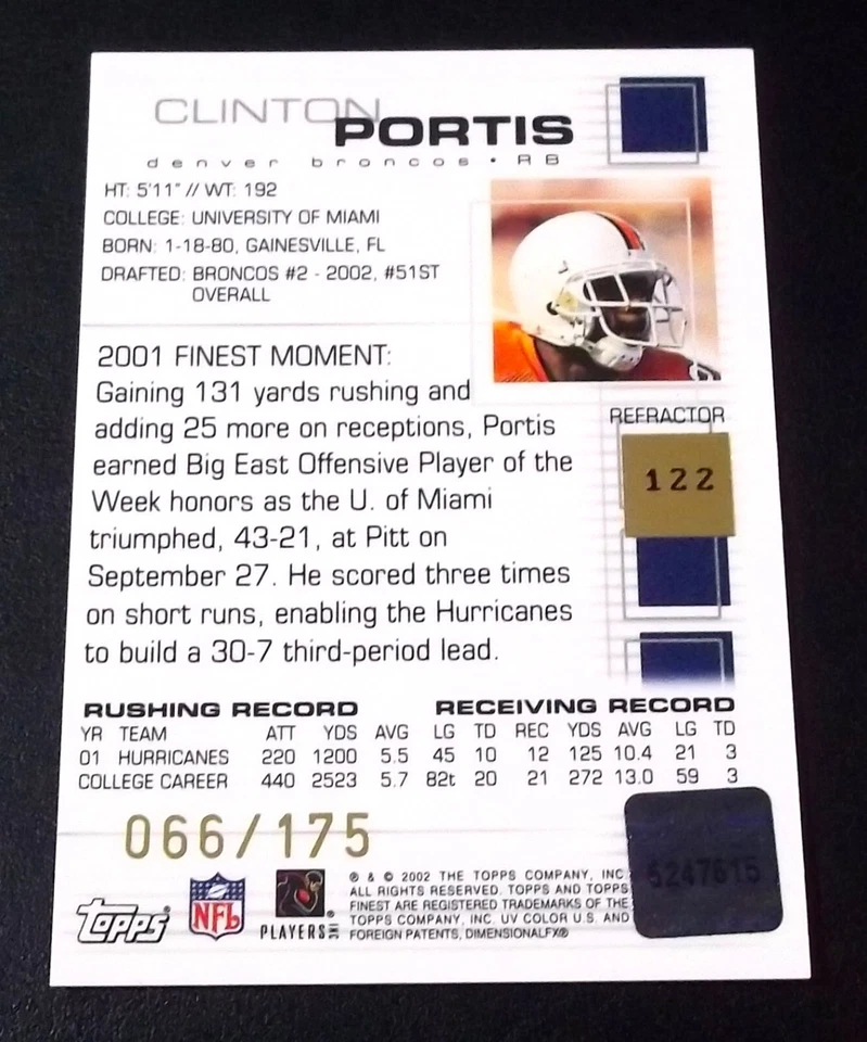 (#/175) Rc Refractor Clinton Portis Auto 2002 Finest 122 Rookie Signed Autograph - Image 4 of 4