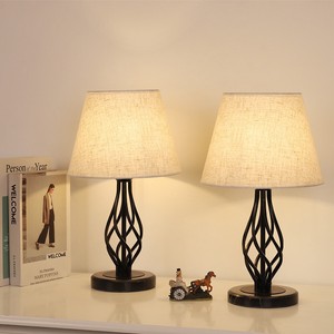 Set Of 2 Vintage Nightstand Lamps With Marble Base Linen Fabric Shade 758277052511 Ebay