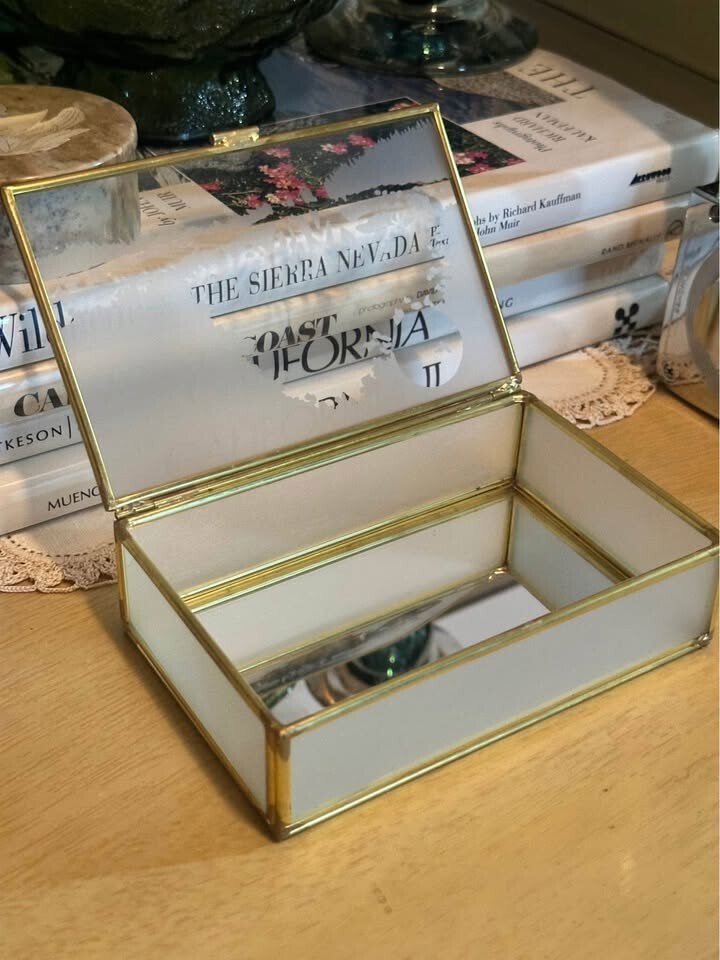 Crowning  Touch VTG Jewelry Box Mirrored Etched Glass Panel Brass Hinged Footed 