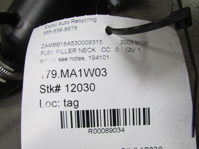 2003 Maserati M138 Spyder, Fuel Filler Neck w/ Hose, Used, P/N 194101