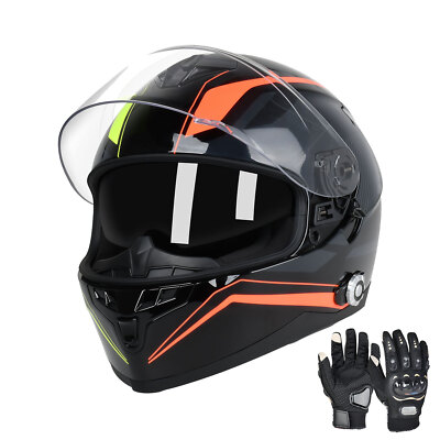 DOT Motorcycle Helmet Full Face Dual Visor + Bluetooth Headset Intercom + Gloves