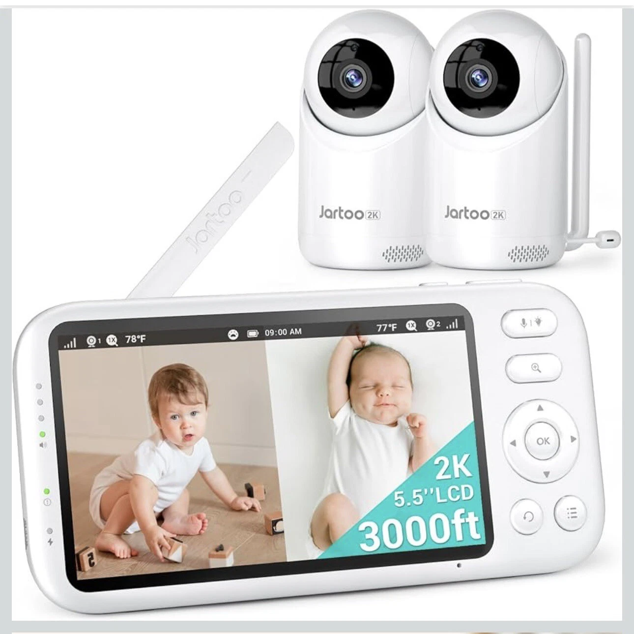 2K Video Baby Monitor with 2 Cameras and Audio, 3600Ft Long Range Baby Monitor