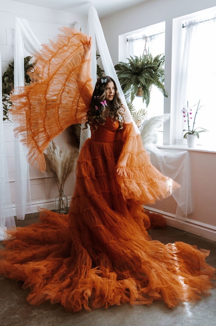 Custom Orange Rust Ember Ruffle Dramatic Corset T… - image 7