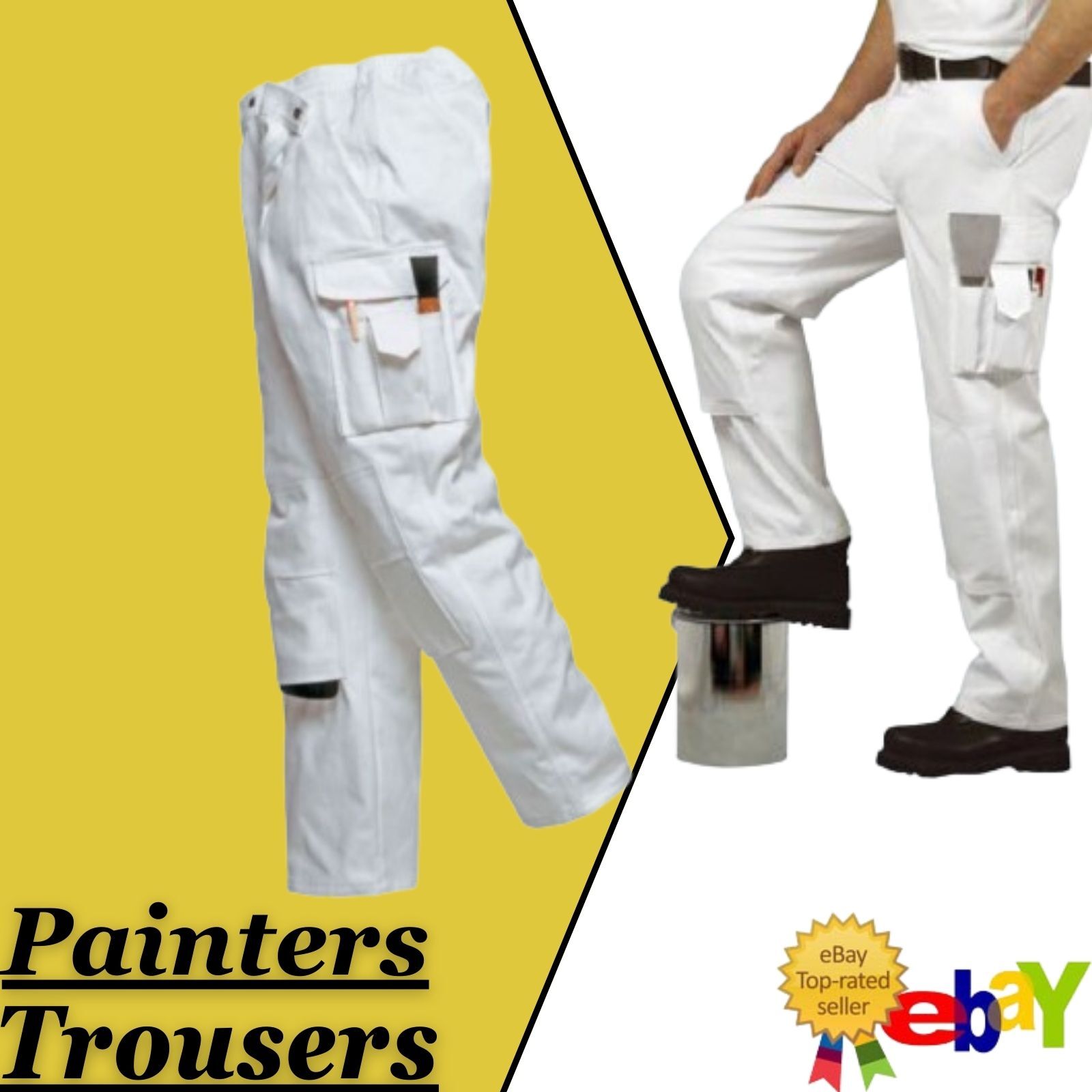 White Painters Trousers MultiPockets 100 Cotton Knee Pockets