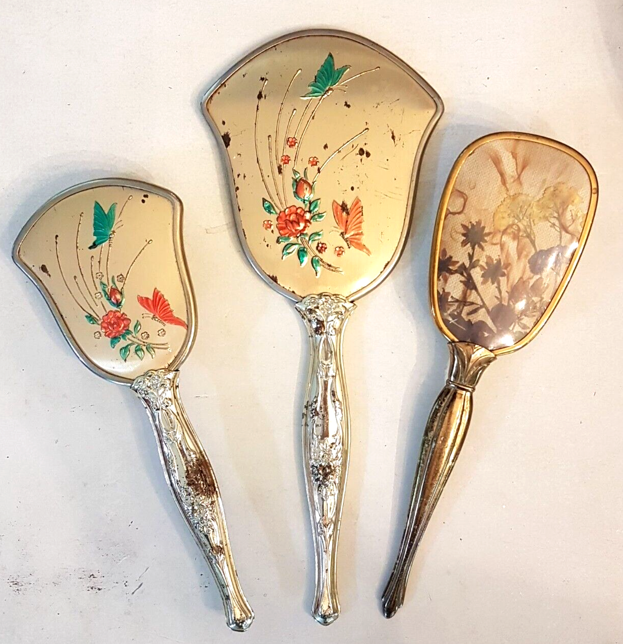 Vanity Victorian Style Hair Brush & Mirror VTG LOT Butterfly Nylon Bristle AS IS