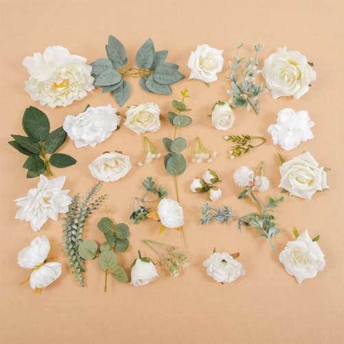 39PCS White Mix Flower Green Leaf Grab Bag DIY Wreath Bouquets Decor Fake Flower